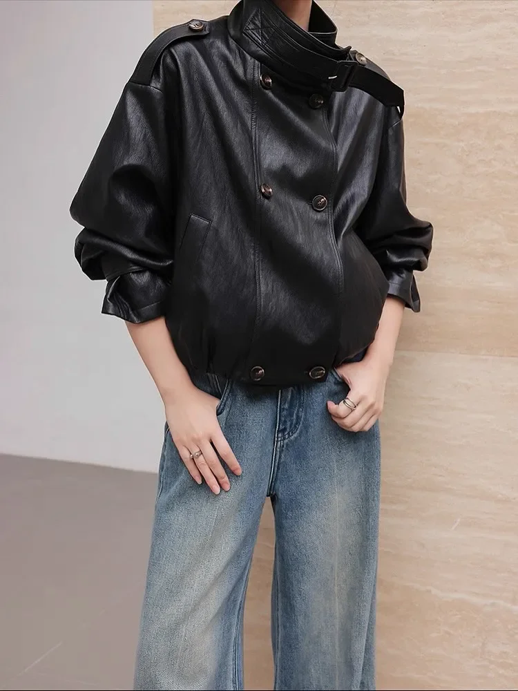 Women Retro Solid Short Leather Jacket Fashion Stand Collar Full Sleeve Double Breasted Loose Jackets Lady Daily Highstreet Coat