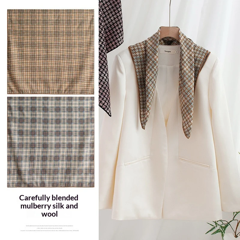 2025 autumn simple houndstooth silk wool scarf hand-rolled double-sided different color silk scarf neck high-end sense