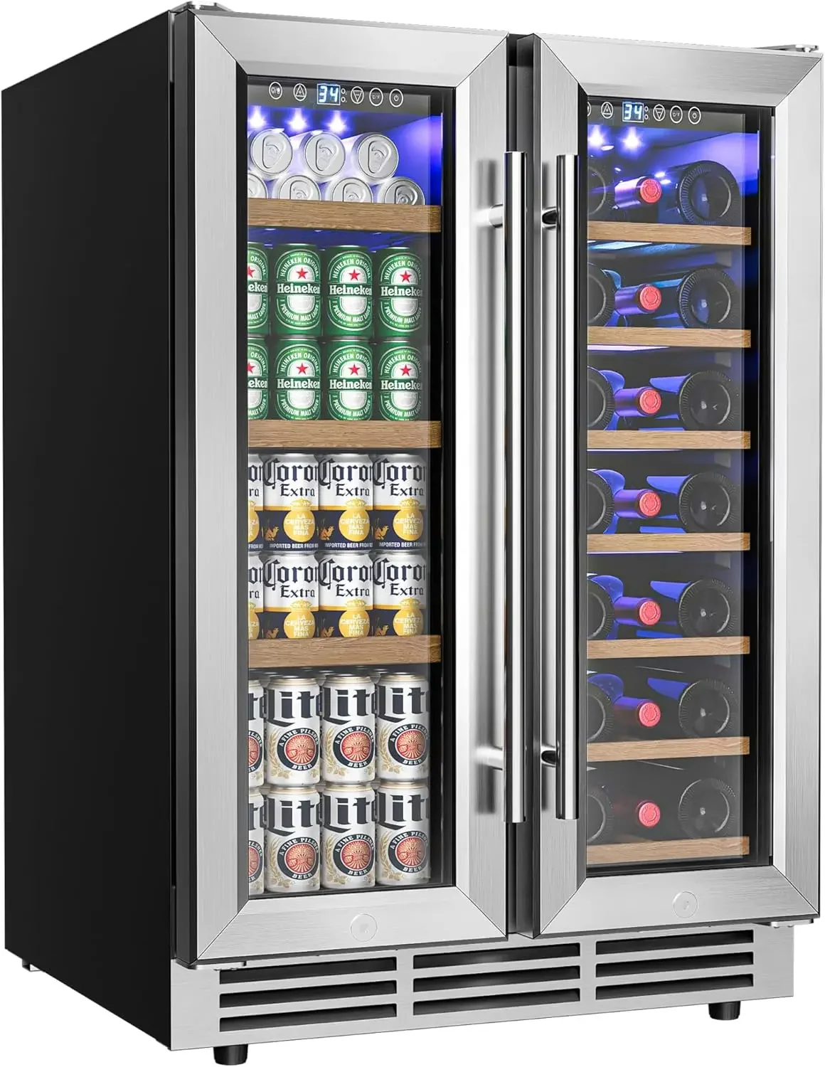 Wine and Beverage Refrigerator, 24 Inch Dual Zone Wine Cooler with Glass Door Hold 21 Bottles and 88 Cans, Built in or Under Cou