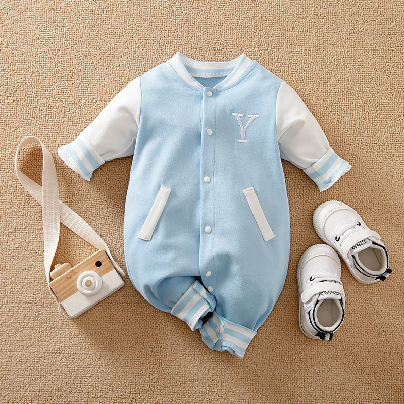 Spring And Autumn Newborn Baseball Suit Letter Embroidered Cotton Comfortable Soft Boys And Girls Long Sleeved Baby Jumpsuit