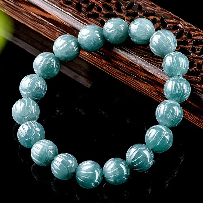 

Natural Grade A Jade Jadeite Men Women 12mm Carved Lotus Flower Round Beads Bracelet