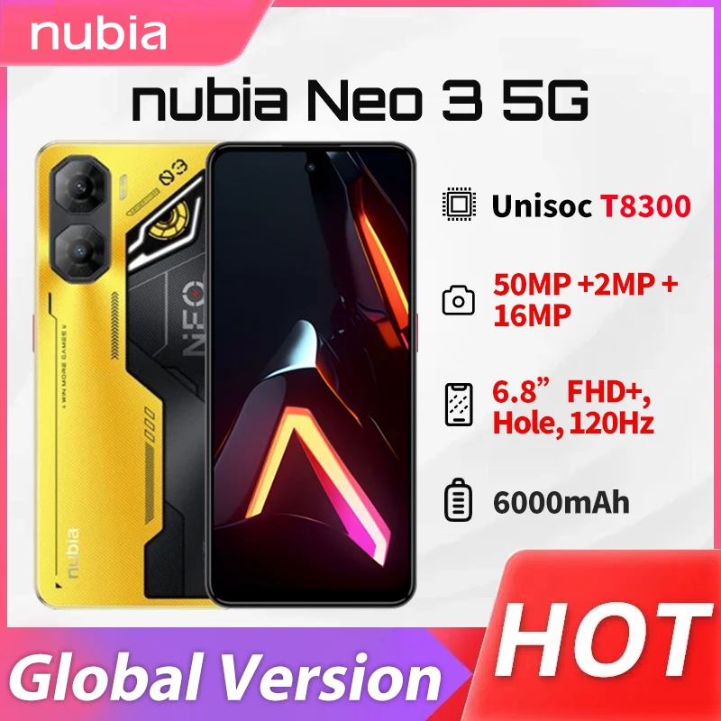 Versión Global Nubia Neo 3 5G teléfono móvil 50MP cámara 6000 mAh batería 6,8 ''120Hz 33W carga NFC Unisoc T8300 octa-core NFC