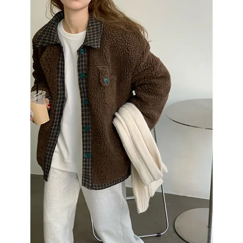 Women's Winter New Korean Version Loose Thick Double-layer Cotton Jacket Rretro Checkered Splicing Imitation Wool Jacket KX109