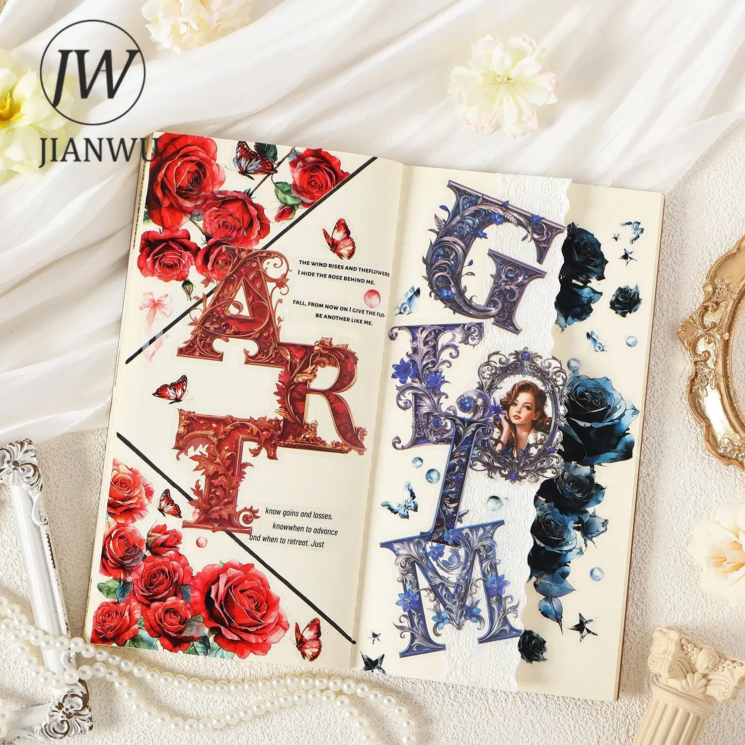 JIANWU Vintage Dark Baroque Flower Letter Landscape Material Collage Scrapbooking PET Sticker Creative DIY Journal Stationery
