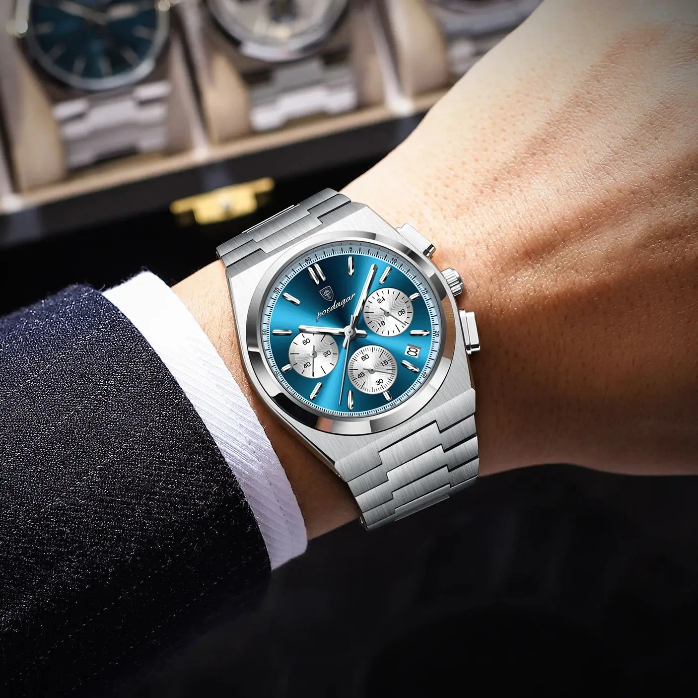 POEDAGAR ساعة رياضية فاخرة للرجال كرونوغراف تاريخ الفولاذ المقاوم للصدأ ساعة اليد الرجالية مقاوم للماء مضيئة موضة كوارتز ساعات رجالية