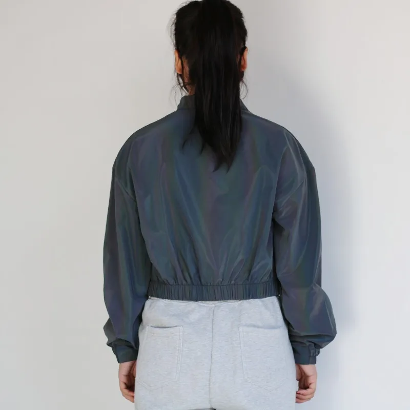 Jaqueta de beisebol reflexiva colorido casaco curto oversize streetwear bombardeiro jaqueta moda outerwear feminino y2k festa clubwear