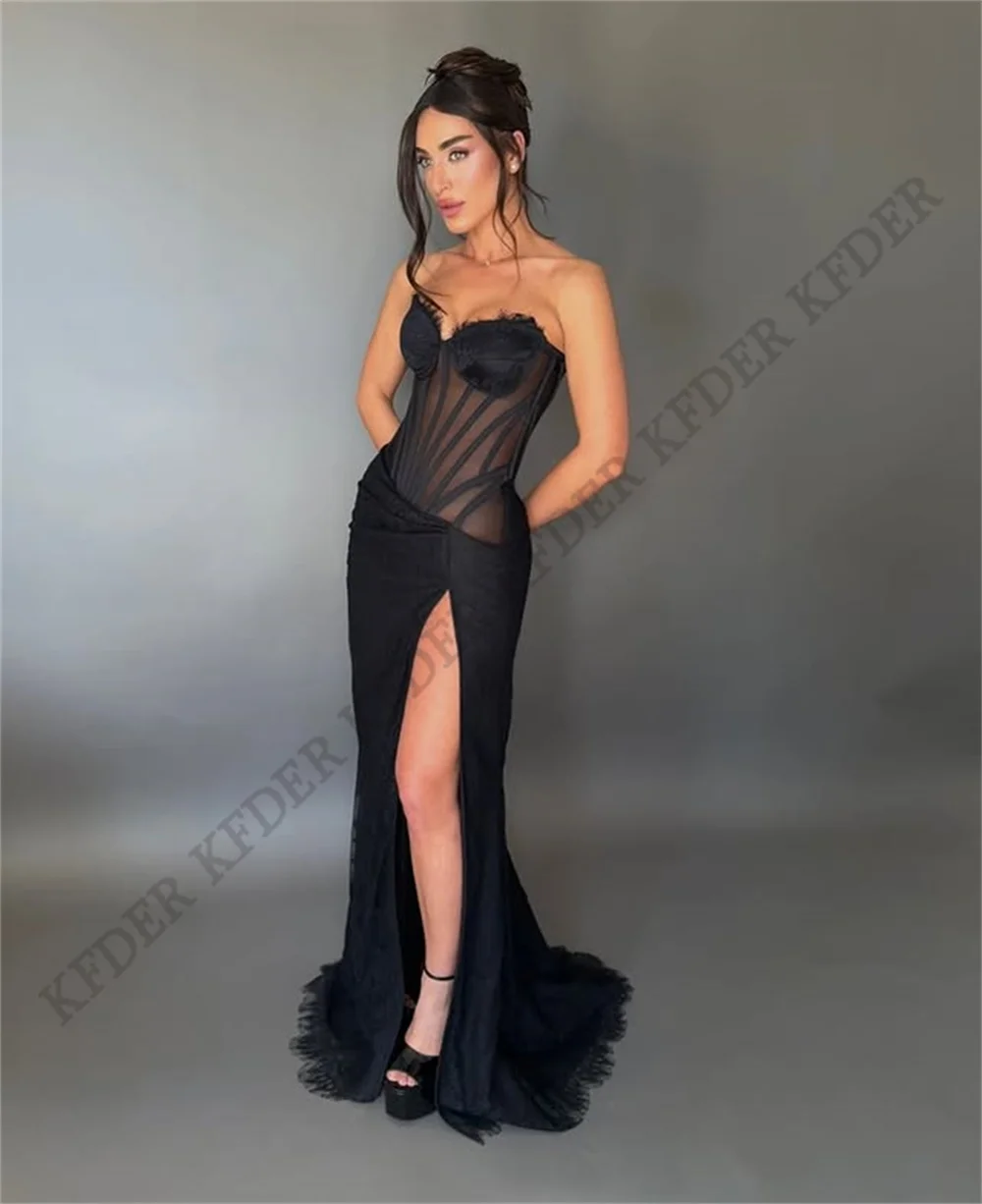 Black Lace Customized Fashion Jersey Formal Evening Gowns Mermaid Strapless Corset Bodice Prom Dresses Floor-Length Pastrol