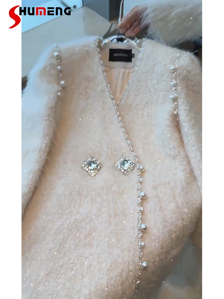 

Women 2024 Winter New Blends Female Temperament Socialite Small Fragrant Down Liner Coats Beaded Mink Hair Medium Woolen Jackets