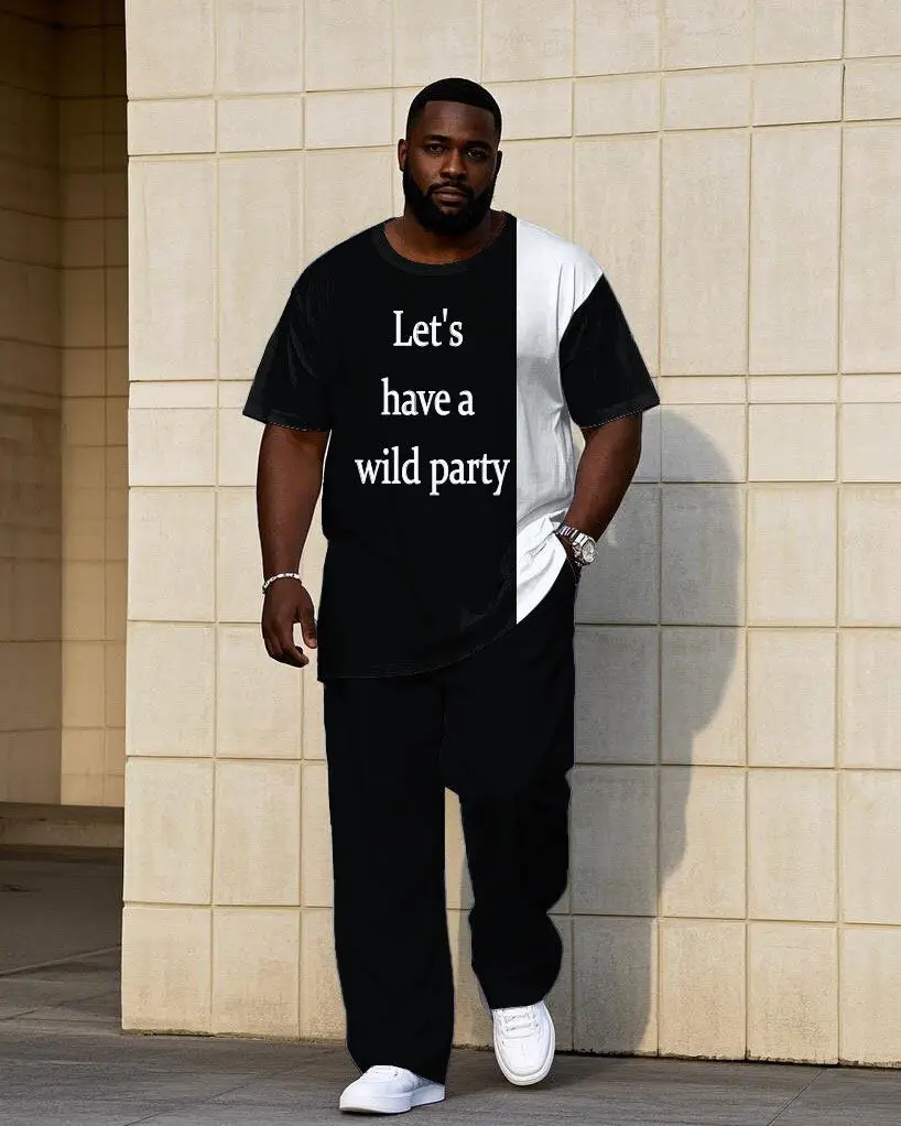 S-9XL Übergrößen Herren Zweifarbiges Buchstaben-Print 2-Teiliges T-Shirt & Hosen Streetwear-Set