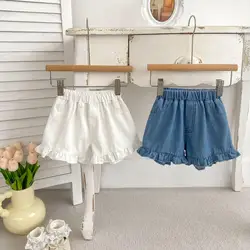 New Summer Girl Infant Solid Soft Denim Shorts Newborn Baby Thin Ruffle Jeans Toddler Cotton Casual Short Pants Kid Mid Trousers