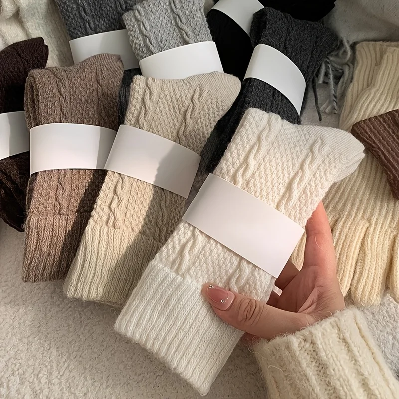 5 Pairs Women's Thick Knitted Winter Socks, Warm Cozy Cable Knit Socks, Soft Thermal Socks for Cold Weather Foot Protection