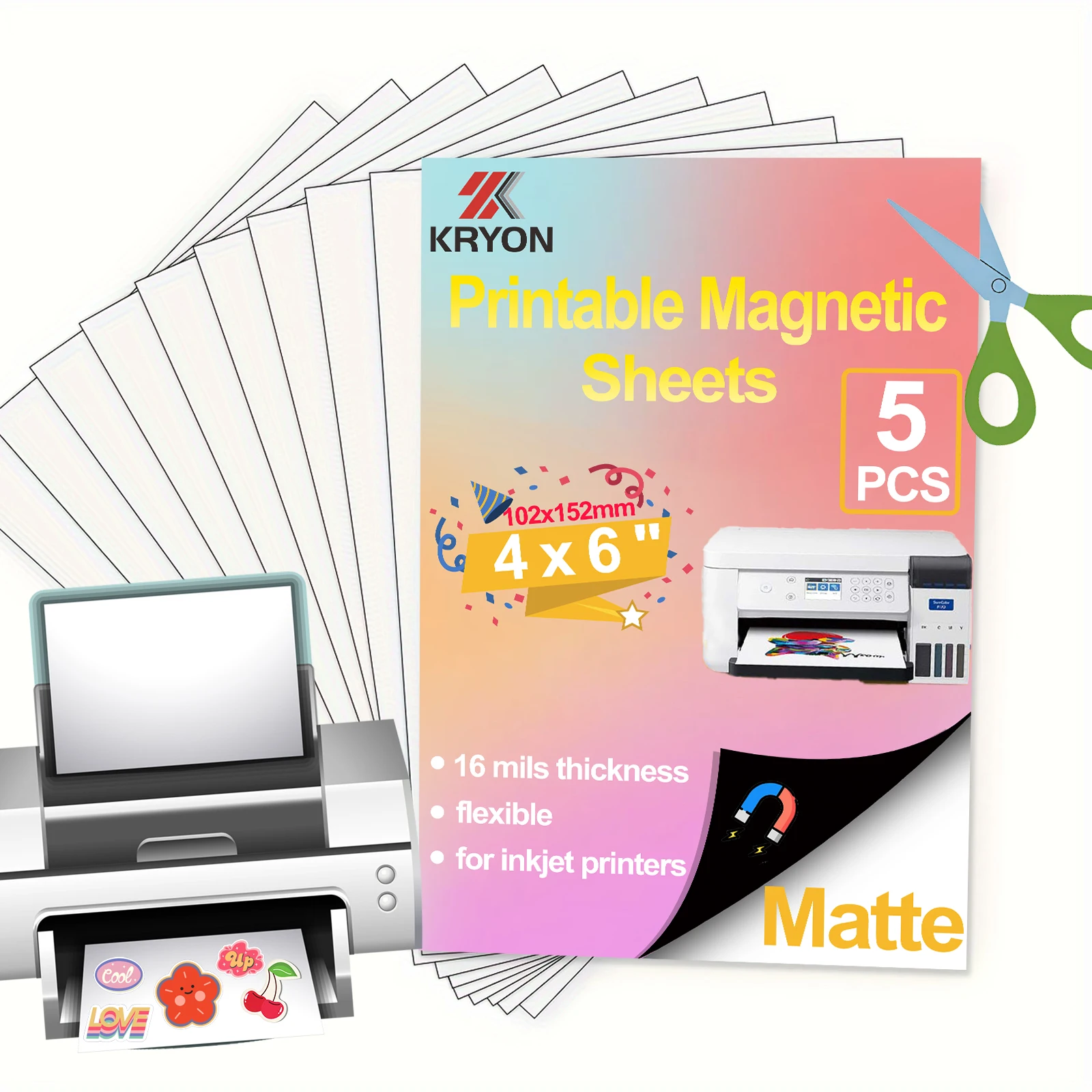 KRYON 4 x 6 pulgadas 5 hojas magnéticas imprimibles mate no adhesivas 16 mil de espesor papel fotográfico magnético para impresoras de inyección de tinta