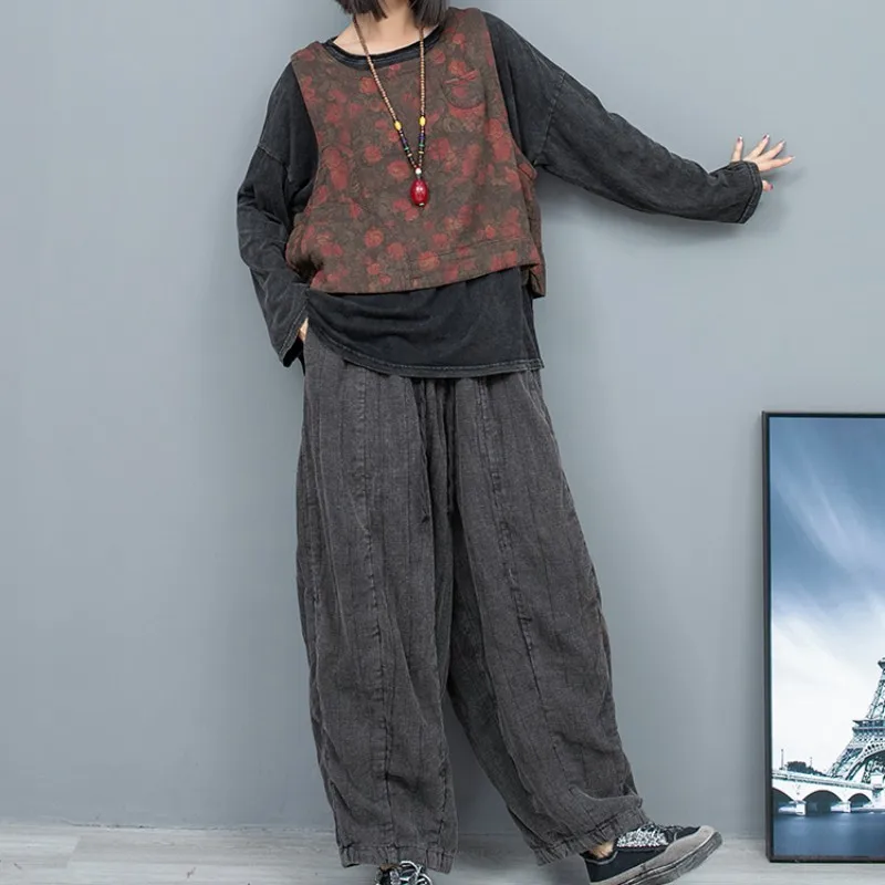 2024 Spring Summer New Fashionable Worn-out Pullover Floral Short Vest + Pumpkin Pants Two-piece Set Women Loose Pant Set LX326