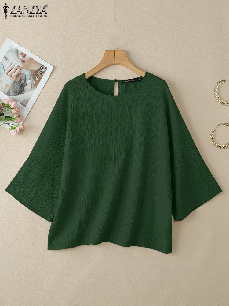 

ZANZEA Summer Blouse Elegant Shirt Women Casual 3/4 Sleeve Solid Pleated Tops Fashion OL Work Blusas Tunic Female Loose Chemise