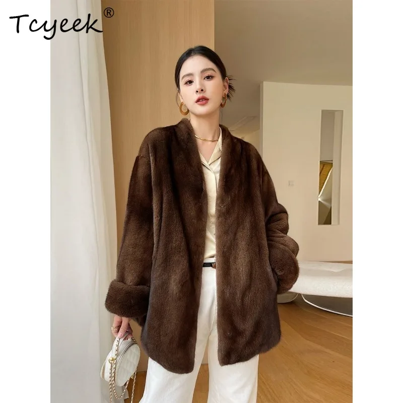 Tcyeek Natural Female Mink Coat Women Mid-length Real Fur Winter Clothes Whole Mink Womens Coats Purple Gold Short Second Grade