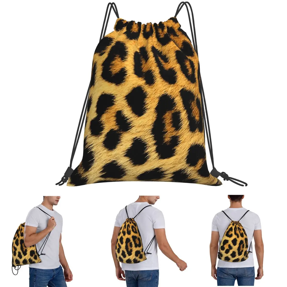 Leopard Print Backpacks Casual Drawstring Bundle Pocket Sundries Bag Book Bags For Travel School