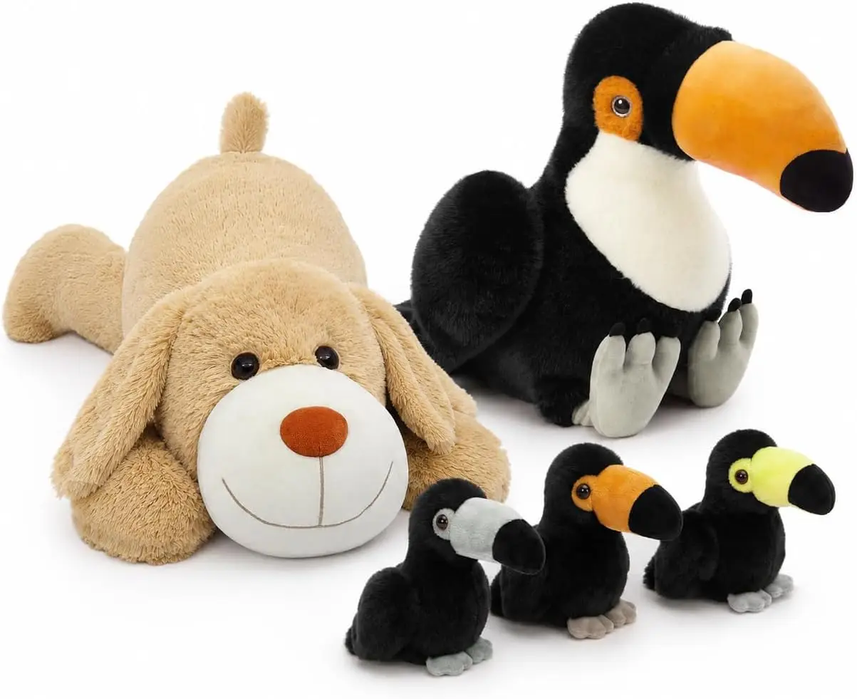 24-Inch Toucan Stuffed Animal with 3 Babies Inside & 31-Inch Giant Golden Retriever Large Dog Plush Bundle, Interactive Gift Set for Kids, Birthday and Christmas