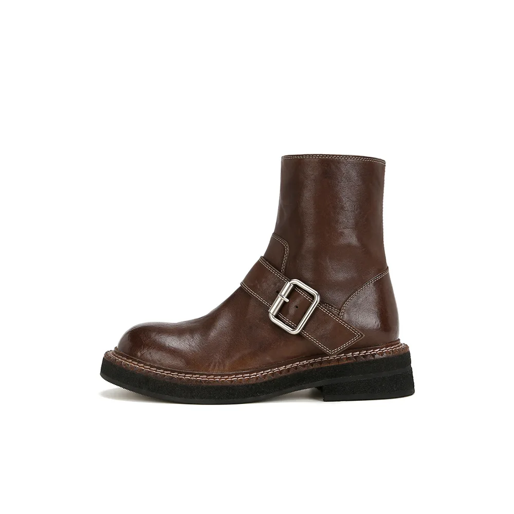 

2025 Women's Ankle Boots Autumn Work Fashion Elegant Punk New in Black Luxury Low Heel Round Toe Leather platform shoes