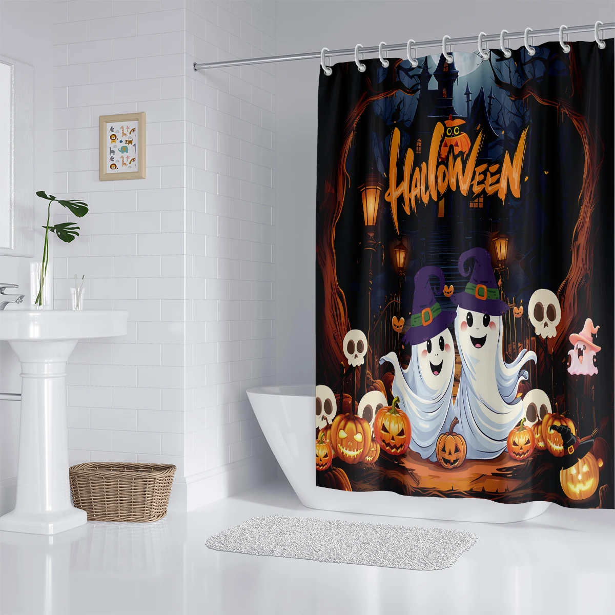 Halloween Themed Series Shower Curtain - Cute Ghost Element Bathroom Set Decoration,Halloween Party Gifts Supplies-71\