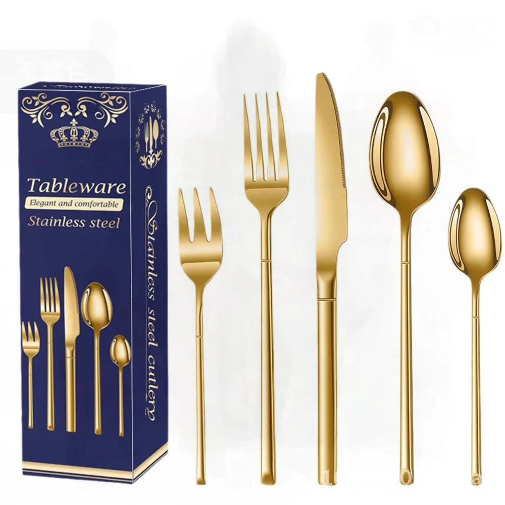 

Набор посуды из нержавеющей стали из 24 предметов Knight Design - Ножи для стейка в стиле вестерн, вилки и ложки, подарочный набор, серебристый, золотой, черный