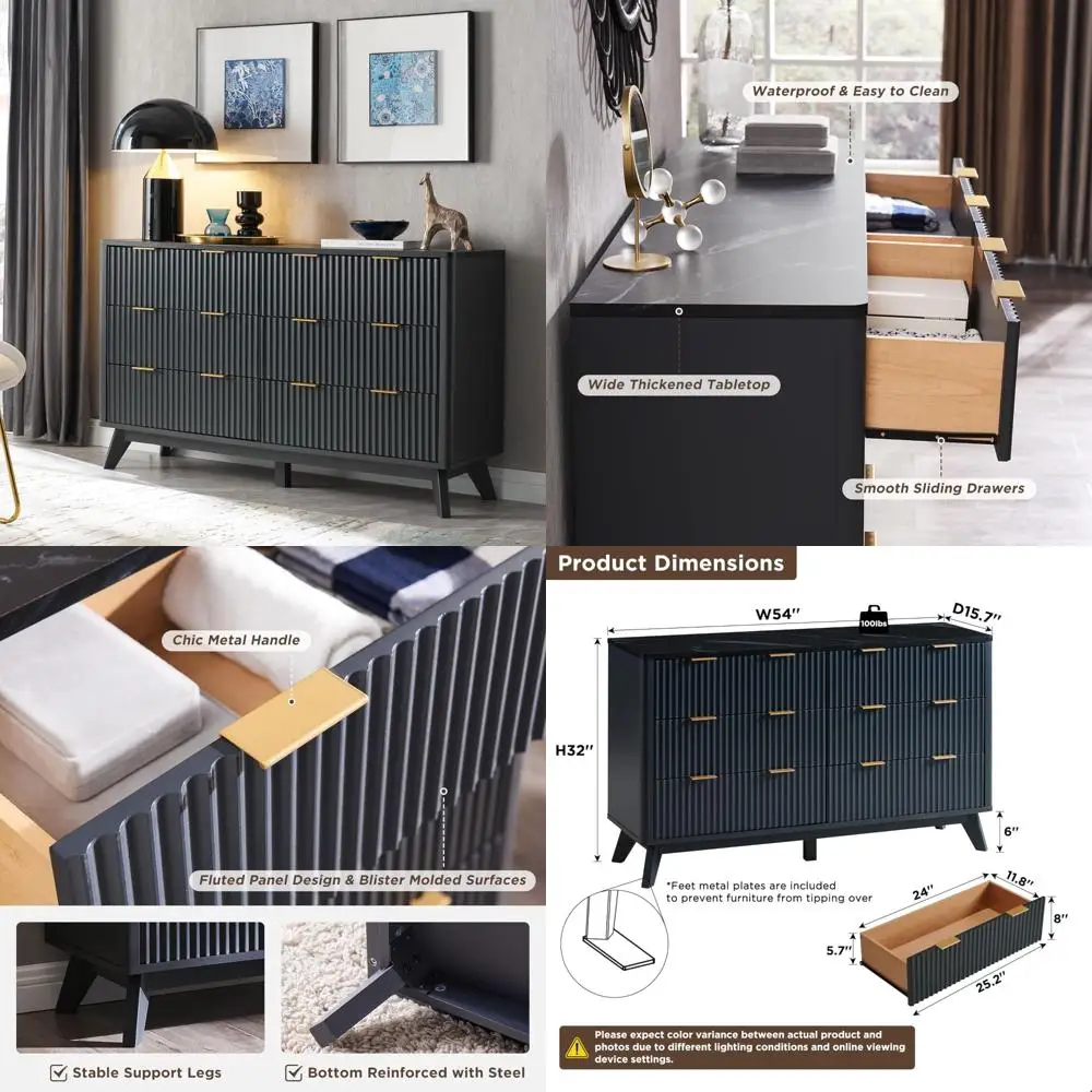 

6-Drawer Fluted Dresser with 54 Wide Modern Design, Faux Marble Top, Curved Profile, and Dresser TV Stand Functionality