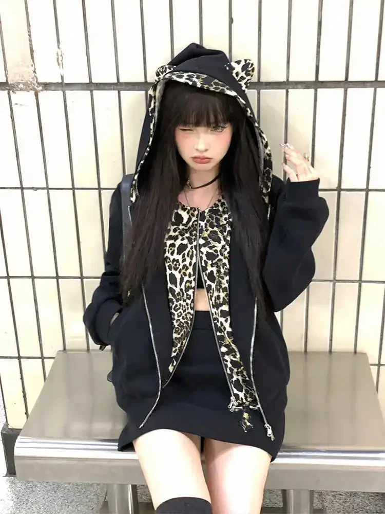 

HOUZHOU Harajuku Leopard Print Women Japanese Style 2000s Aesthetic Sweatshirt Zip Up Hoodies Vintage Gyaru Streetwear Oversize