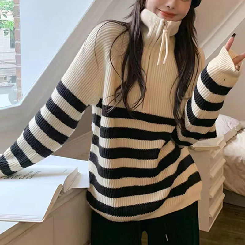 Maglione di lana a maniche lunghe con cerniera a collo semi-alto di grandi dimensioni da donna Autunno 2024 Nuova moda allentata Top Tide