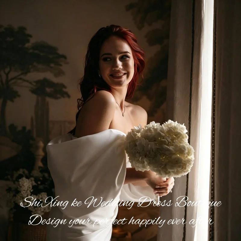 Modern Satin Midi Wedding Dress 2026 Off Shoulder Puff Sleeve Draped Civil Vestidos De Novia Customized