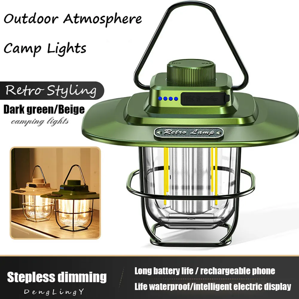 Retro Portable Camping Lantern 4500mAh Dimmable Outdoor Camping Light Vintage Camp Lights 2 Lighting Modes Tent Light With USB