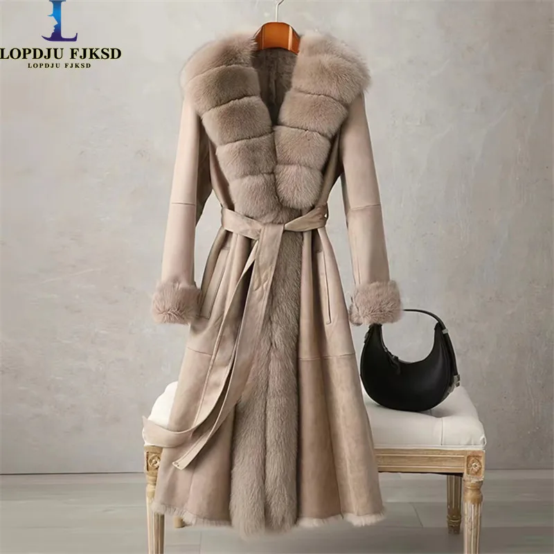 Genuine Leather Rabbit Fur Coat for Women, Fox Fur Collar Overcoat, Female Clothes, England Style, High Quality, New,Winter