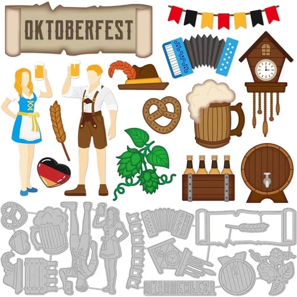 2 Sets Oktoberfest Beer People Cutting Dies for DIY Scrapbooking Metal Celebrate Beer Party Die Cuts Embossing Stencils Template