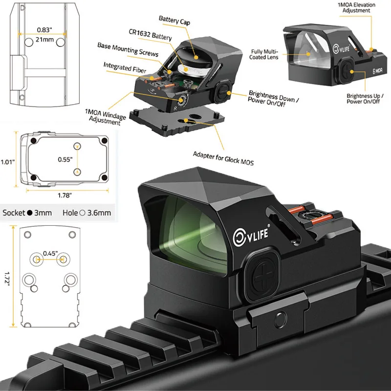 

Motion Awake 6 MOA Red Green Dot Sight Doctor Cut 21mm Picatinny Open Reflex Optics Sight Integrated Fiber Red Dot MOS