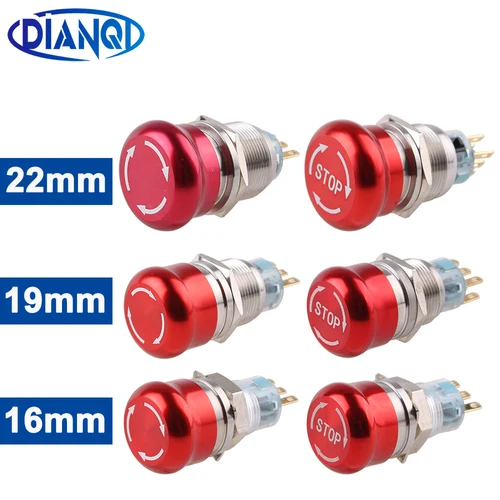 Interruptor de parada de emergencia de aluminio y Metal, 16/19/22mm, interruptor de botón de enganche NO NC 2NO 2NC, Terminal de Pin, botón de parada de seta roja