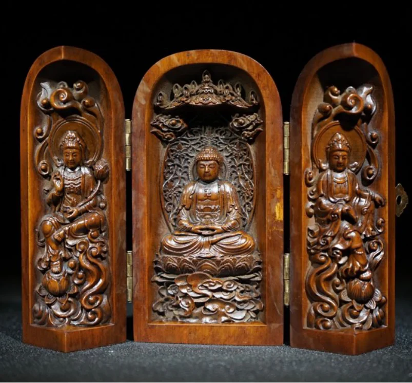 

China natural Old collection Boxwood Three open boxes Hand-carved Buddha statue