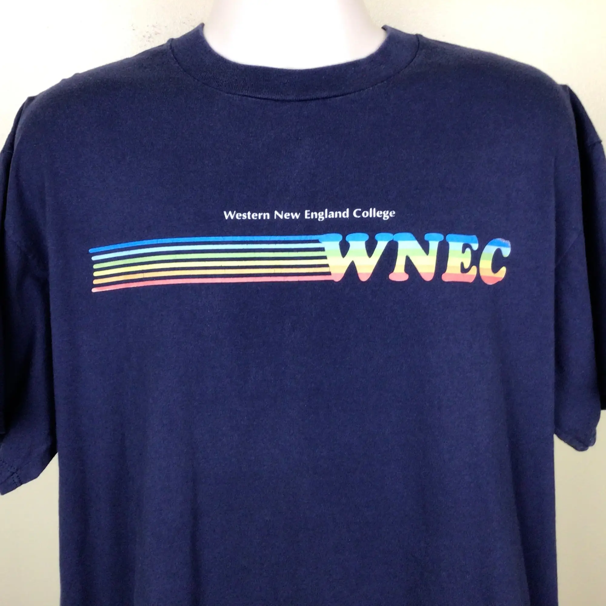 Vtg 90s WNEC Western New England College TShirt Blue XL Velva Sheen Rainbow Stripes