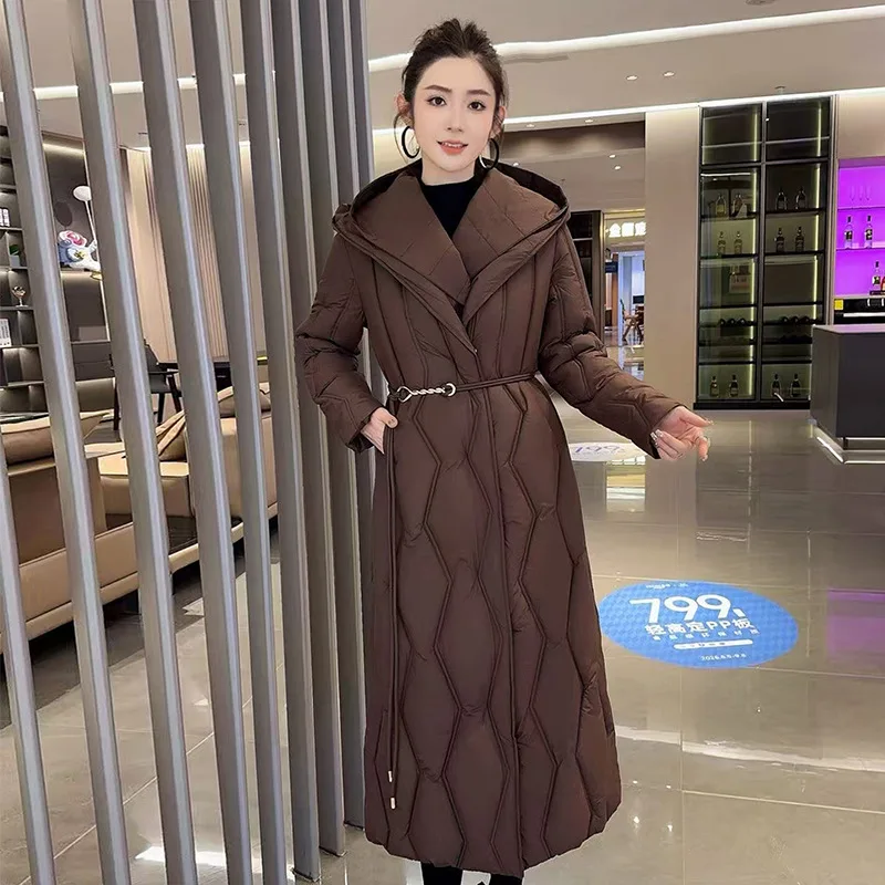 2026 Fashion Diamond Lattice X-long Cotton-padded Jacket Women's Winter Parkas Hooded Thicken Quilted Coats Largesize Outerwear