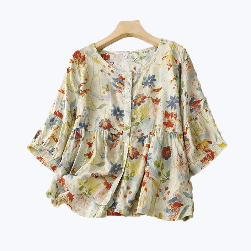 الصيف القطن الكتان الأزهار طباعة فضفاضة ort Sve irt المرأة متوسطة Sve حجم كبير إخفاء البطن التخسيس تي شيرت #5