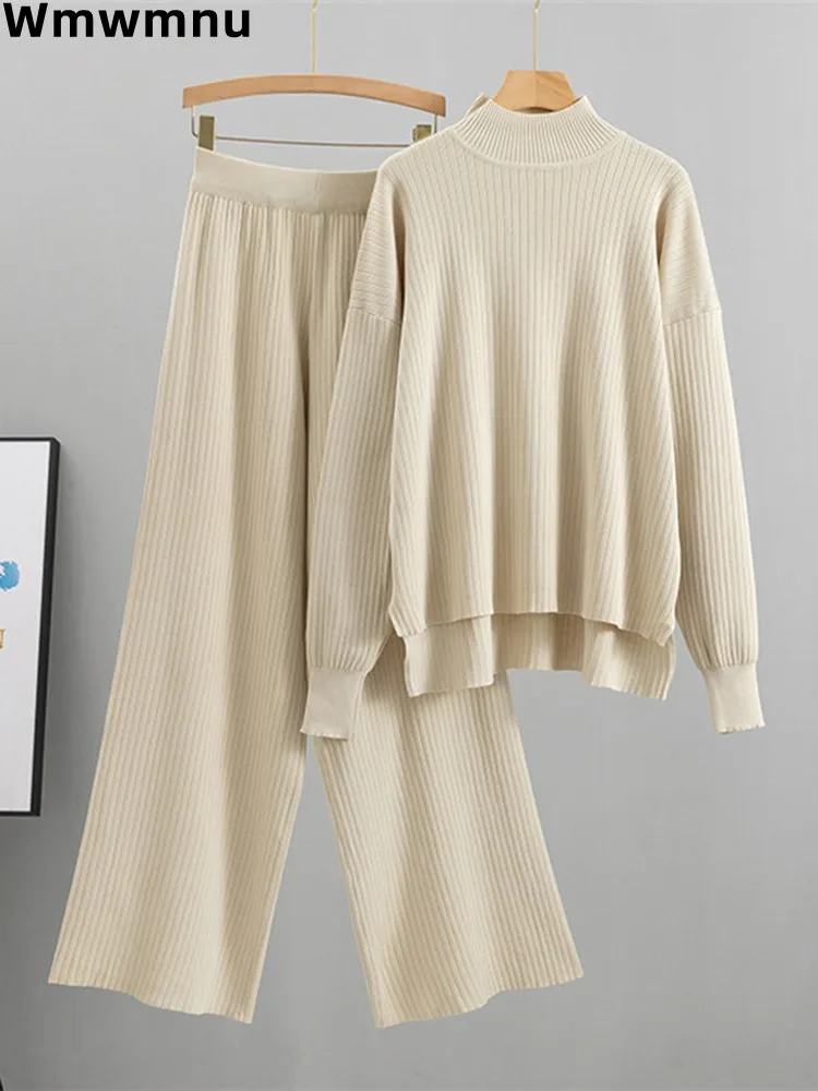 

Korean Warm Soft Halfturtleneck Sweater 2 Piece Sets Casual Pullover Sueter Tops Conjunto Baggy Malhas Wide Leg Pants Outfit New