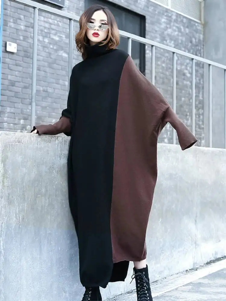 

Big Color-block Women Coffee Size Long Sweater Dress New Turtleneck Long Sleeve Fashion Spring Autumn 2026 1DJGM7I