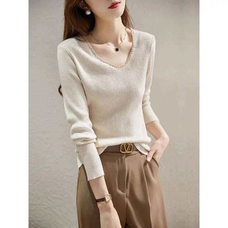 Women\'s Clothing Spring Autumn Solid Color Pullover Long Sleeve Round Neck Screw Thread Sweater Knitted Casual Fashion Tops