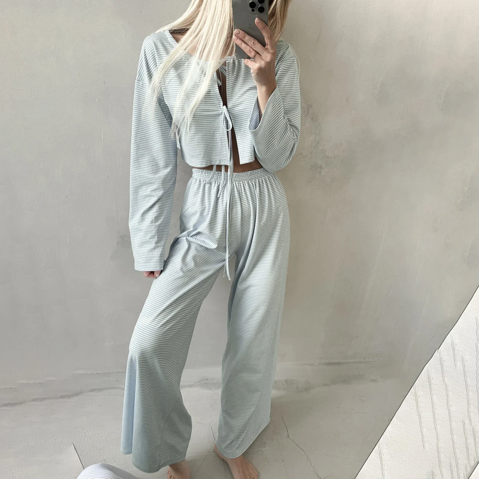 Casual Women Pajamas Lounge Set Fashion Stripe Tie-Up Front Long Sleeve Tops and Pants 2 Piece Loungewear Y2K Fairycore Outfits