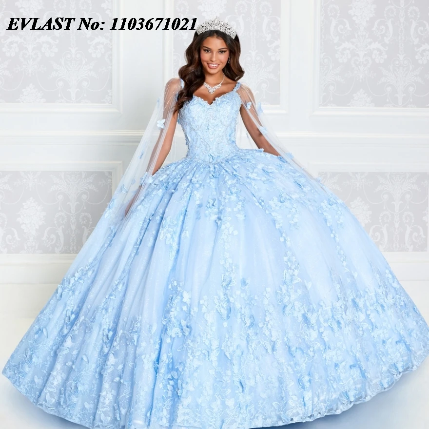 

EVLAST Mexican Sky Blue Quinceanera Dress Ball Gown Lace Appliques Crystals Beaded With Cape Corset Vestidos De XV Anos SQ290