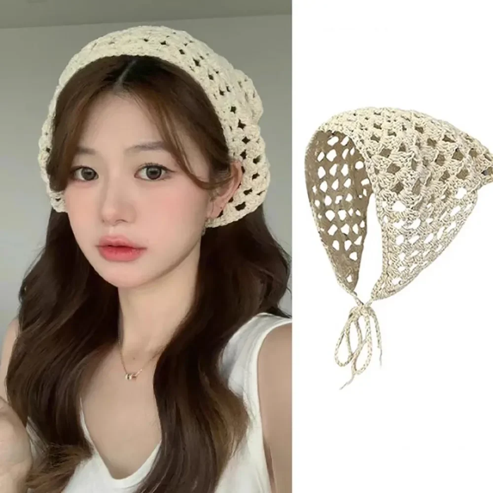 Vintage Hollow Triangle Headscarf for Women Summer Knitted Travel Headband Hair Scarf Photo Props Girls Hair Accessories