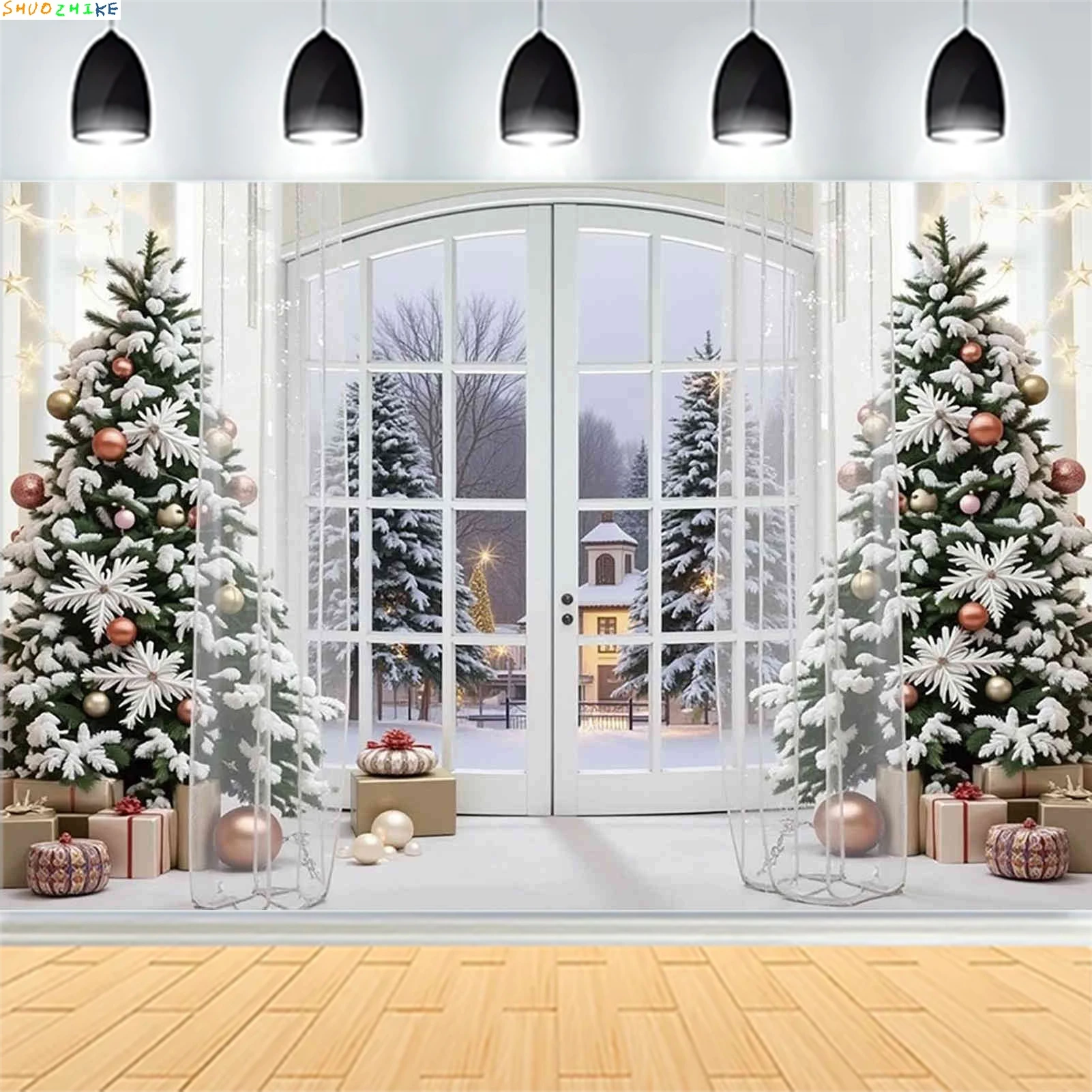 

Christmas Day Wreath Family New Year Party Photography Backdrops Prop Window Living Room Xmas Tree Gift Snow Background TJ-10