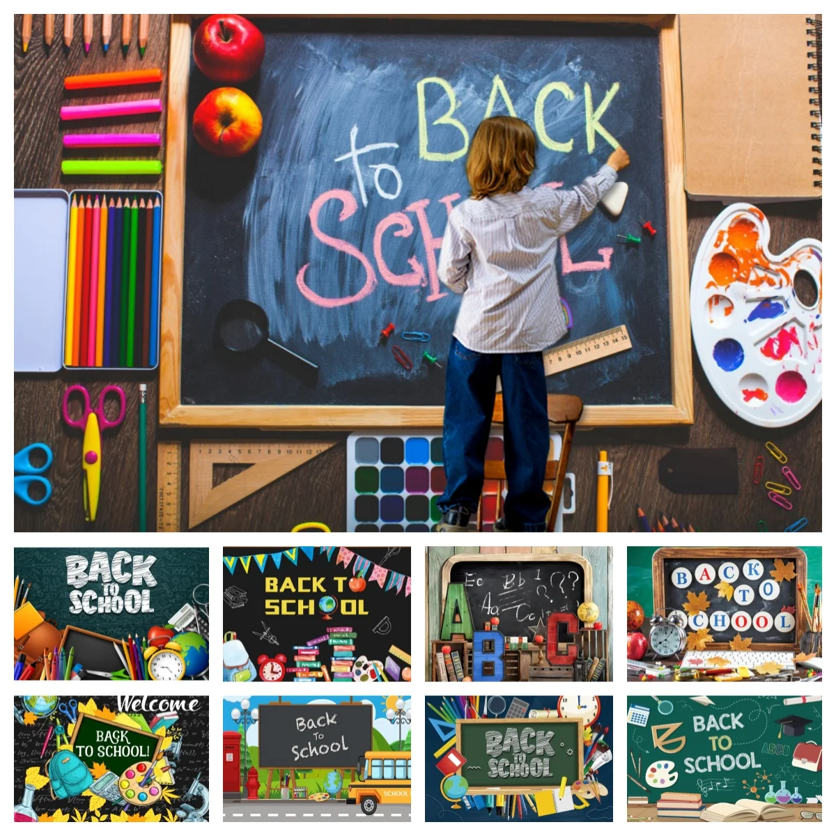 Back To School Photography Backdrop Books Pencil Blackboard Graffiti School Bus Students Happy Birthday Party Photo Background
