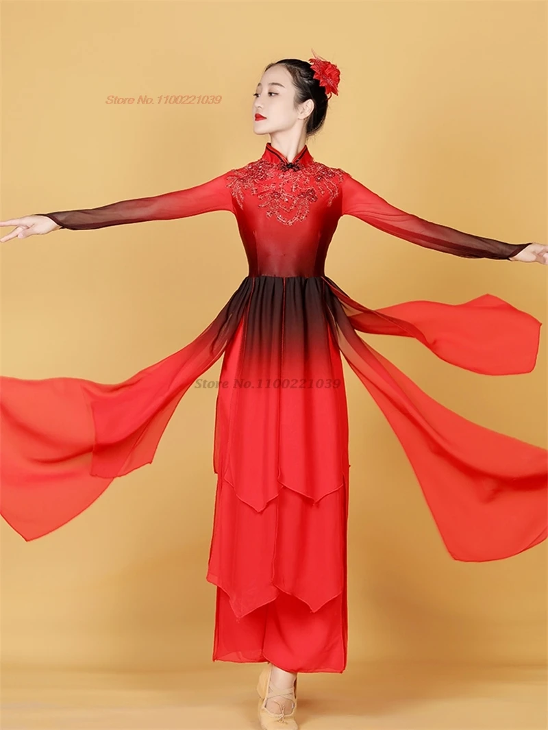 

2024 chinese vintage folk dance national flower embroidery qipao tops+pants set stage performance folk dance suit qipao dress