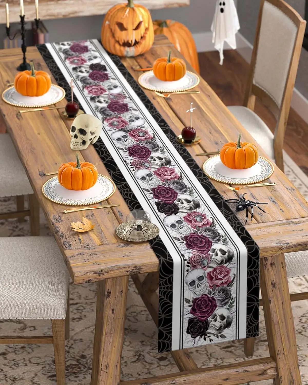 Halloween Skull Red Black Rose Spider Web Linen Table Runner Party Decor Reusable Kitchen Dining Table Runners Halloween Decor
