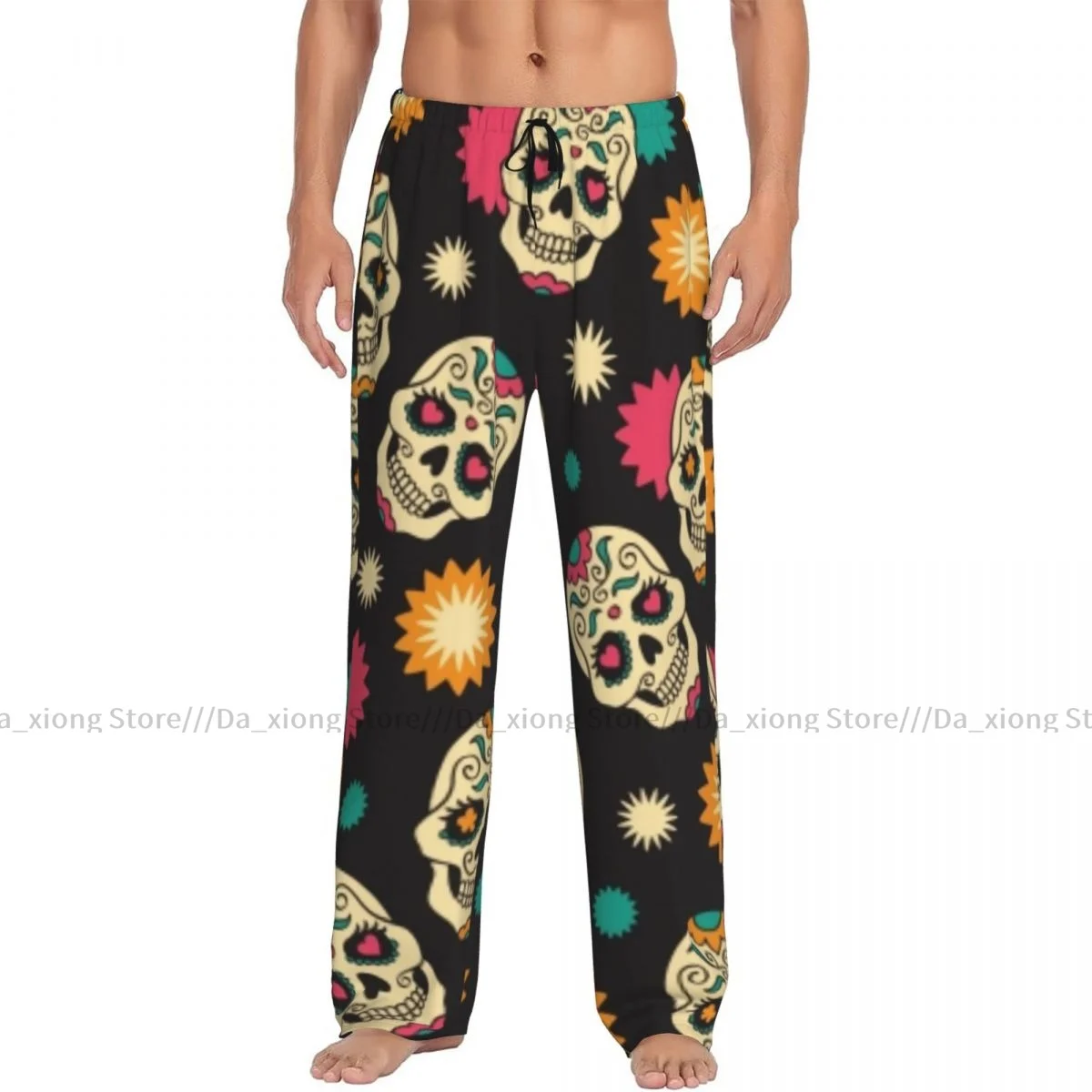 Men's Casual Pajama Sleeping Pants Mexican Skull And Flowers Lounge Loose Trousers Comfortable Nightwear