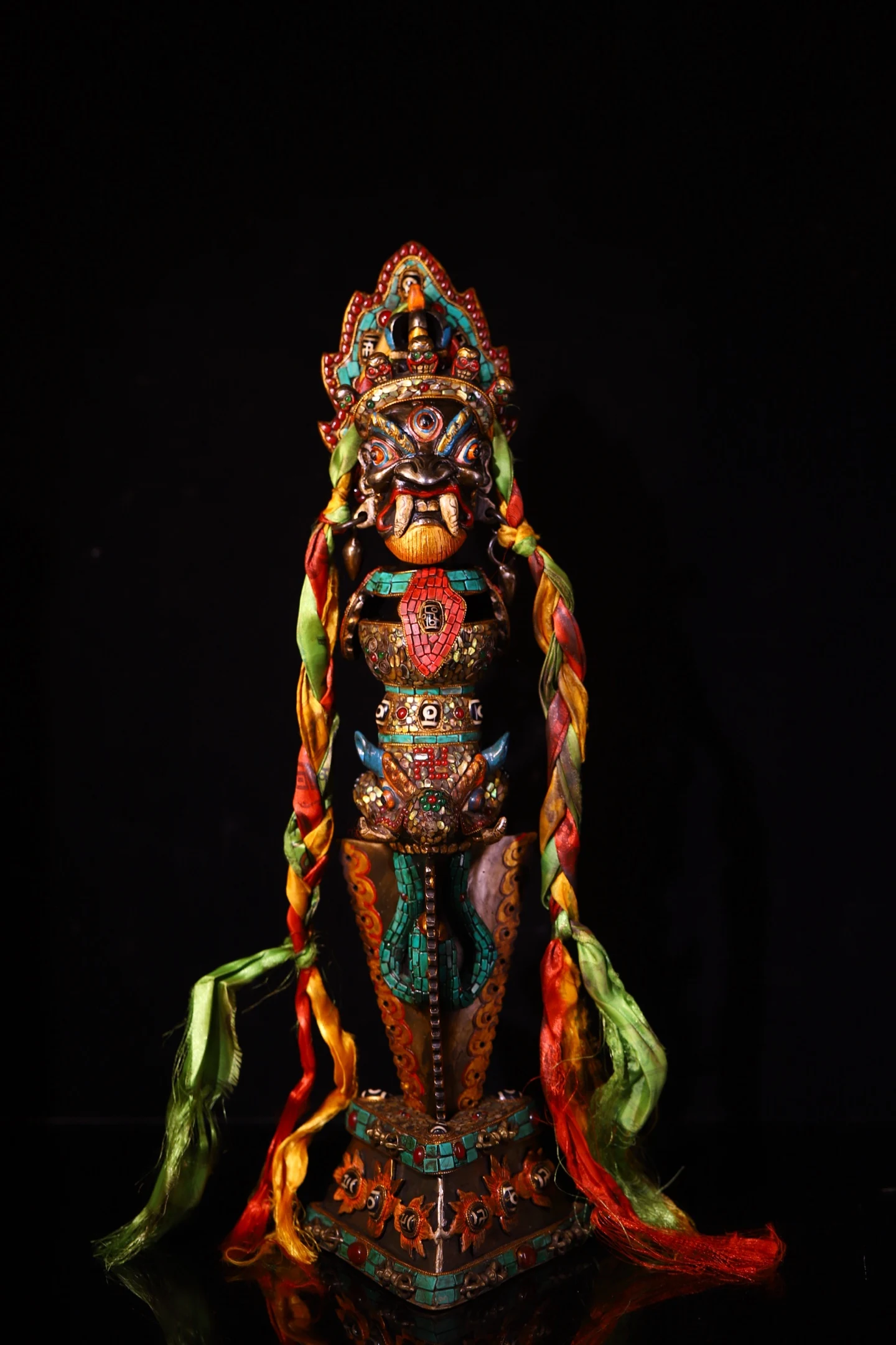 Old Tiantie Mosaic Gem gZi Beads Turquoise Yamantaka Buddha's Head Dorje Vajra Phurpa Beast head base Amulet Town House