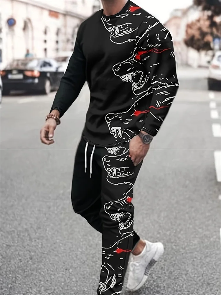 Harajuku Street Trend Men's Crewneck Long Sleeve T-shirt Pants 2-piece Fashion Print New Daily Casual Jacket And Loose Pants